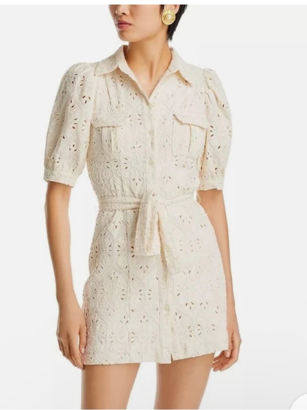 En Saison Cordelia Cotton Eyelet Cream White Belted Button Front Size Small